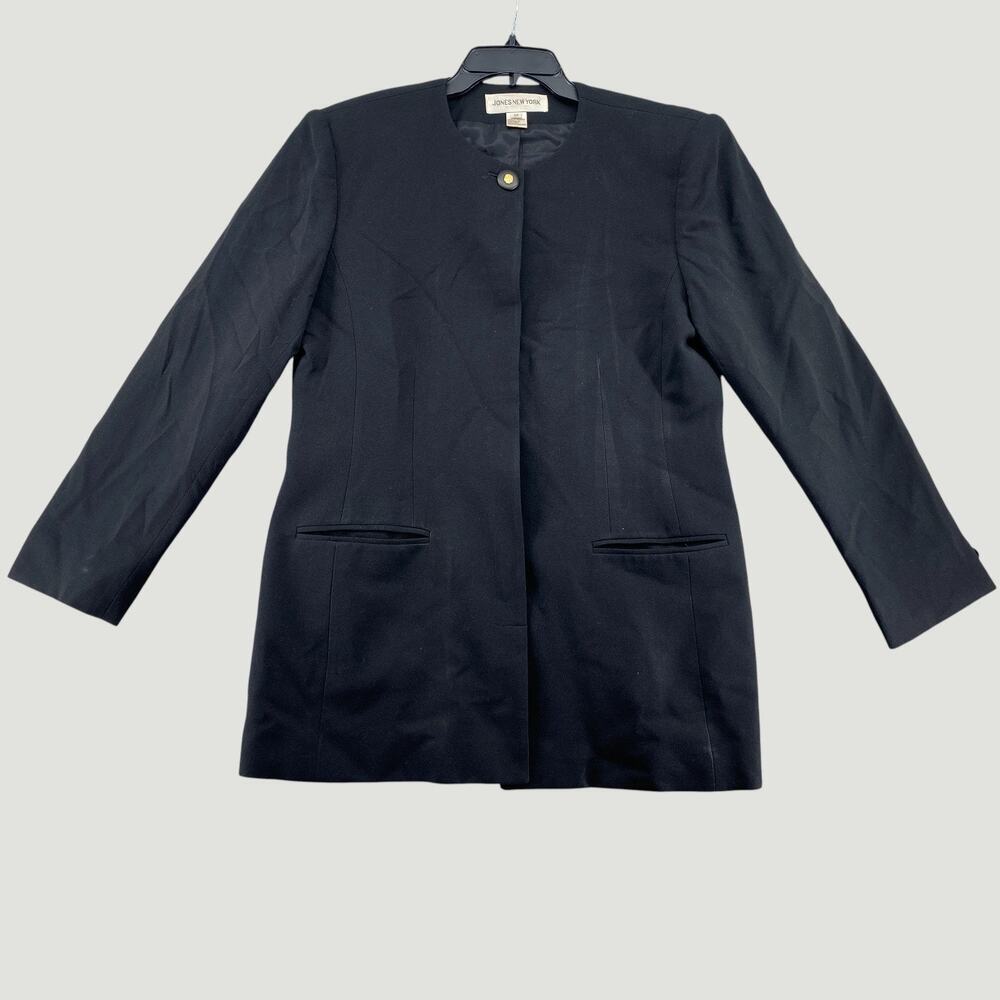 Jones New York Black Longline Blazer Jacket Size 12 Gold Button